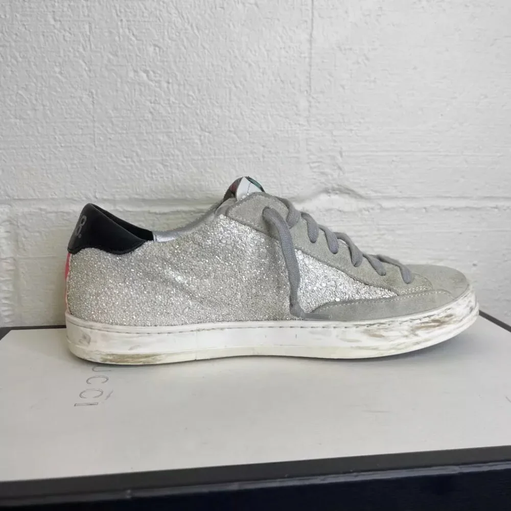 P448 Glitter Colorblock Pattern White Grey Silver Sneakers Low Top Women's 38 EU